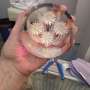 Vintage M. Cox signed reverse carved Lucite paperweight